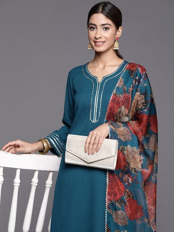 Varanga Women Teal Straight Kurta Paired With Tonal Bottom And Tabby Dupatta